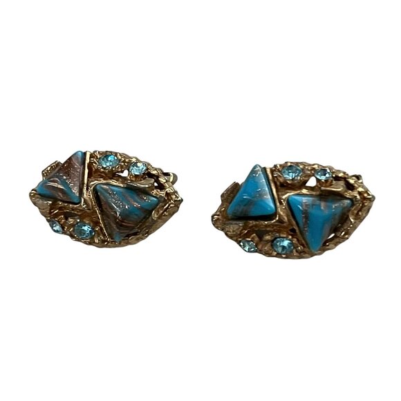 Vintage 60s Faux Turquoise Hubble Glass Gold Tone Clip On Earrings Geode Retro - Picture 4 of 7
